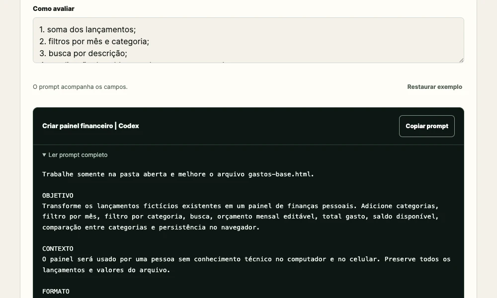 Material de prática do ChatGPT Express com filtros e relatório preenchido